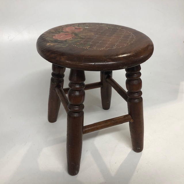 STOOL, Wooden w Painted Flowers - Ex Small 25cm H x 22cm D